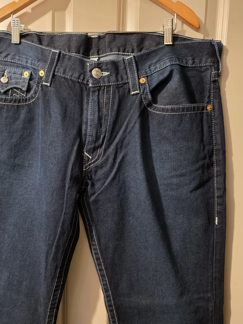 True Religion Men’s Dark Blue Bootcut Jeans with Contrast Stitching